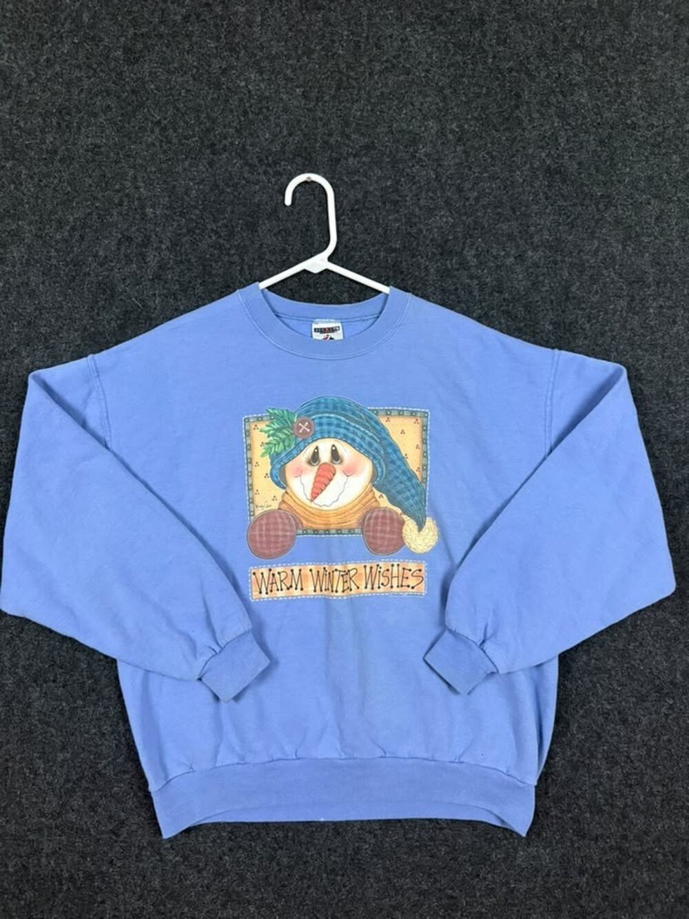 Vintage Warm Winter Wishes Snowman Sweatshirt Blue Crewneck Christmas